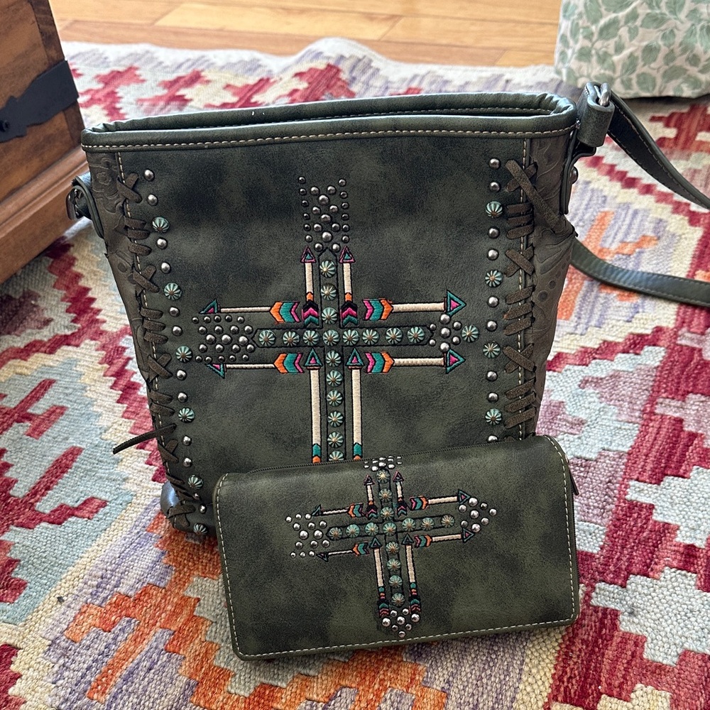 Montana West Crossbody Bag and Wallet Set - Dark Green with Embroidery